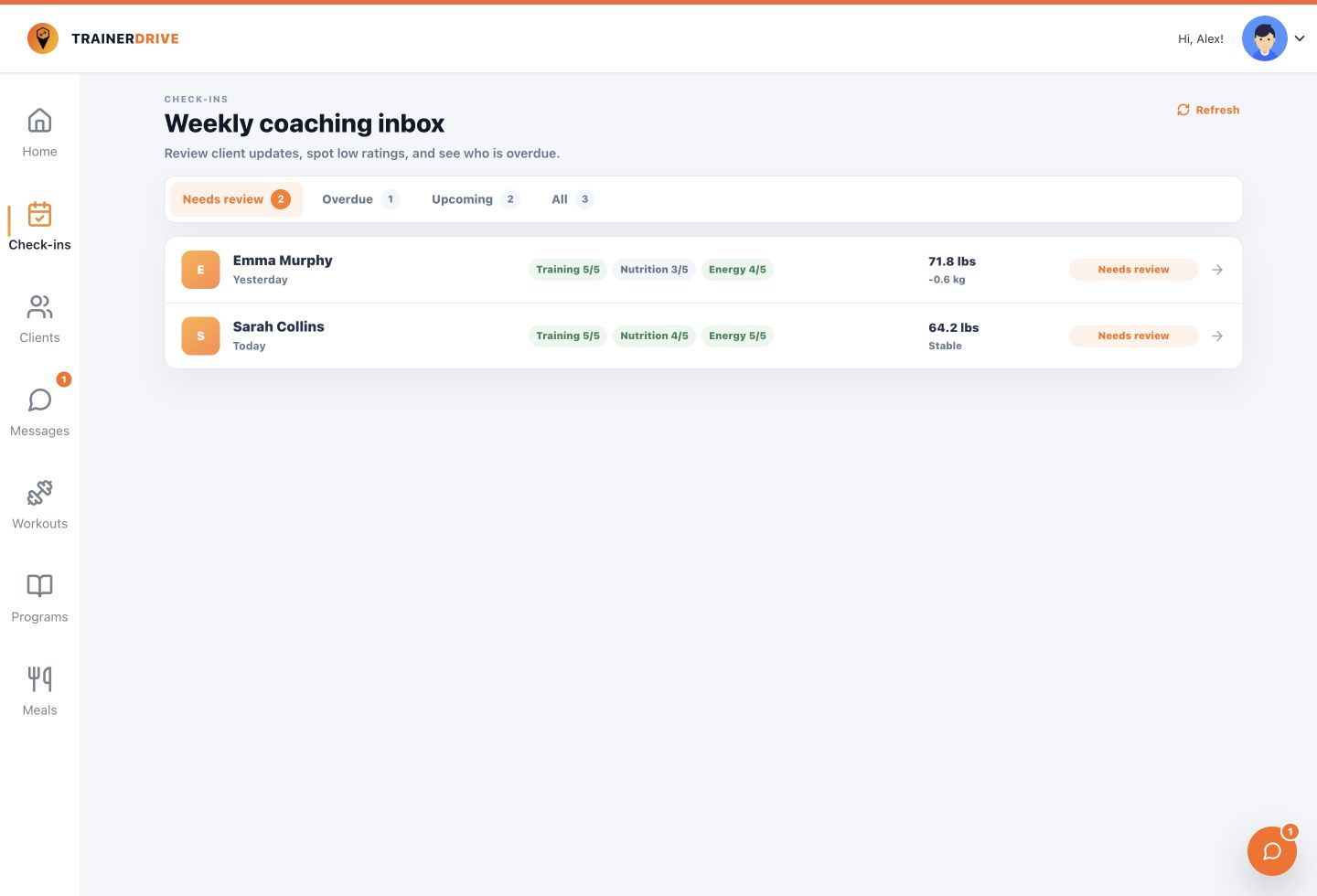 TrainerDrive weekly check-ins inbox with ratings, bodyweight and review status.