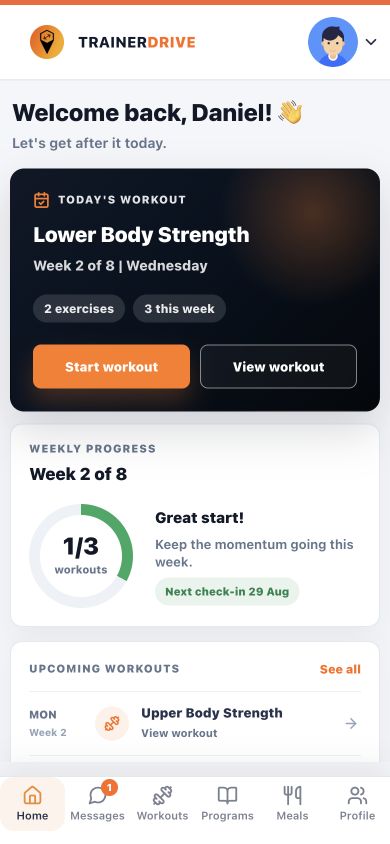 TrainerDrive client dashboard showing today's workout, weekly progress and upcoming workouts.