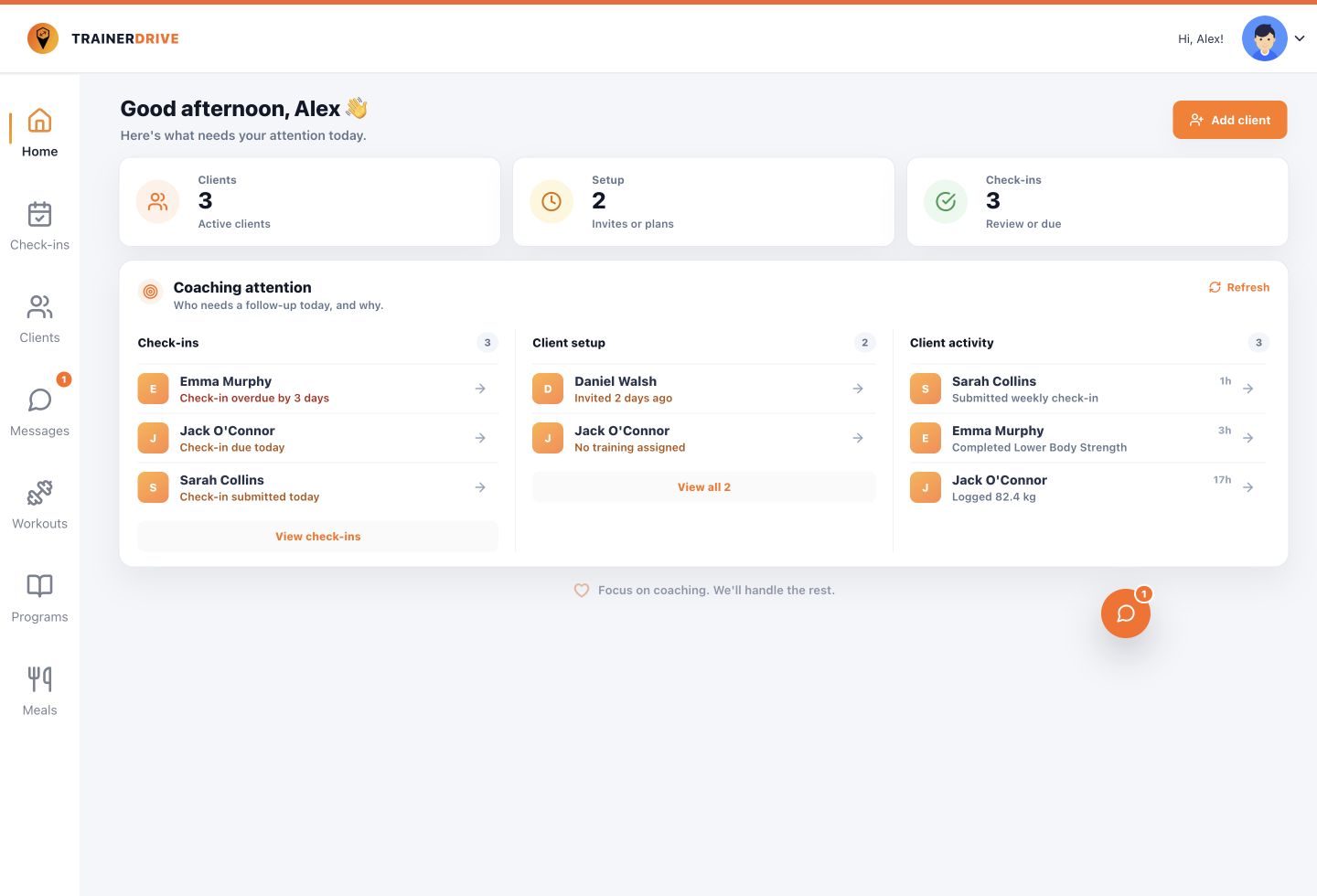 TrainerDrive dashboard showing coaching attention, check-ins, client setup and client activity.