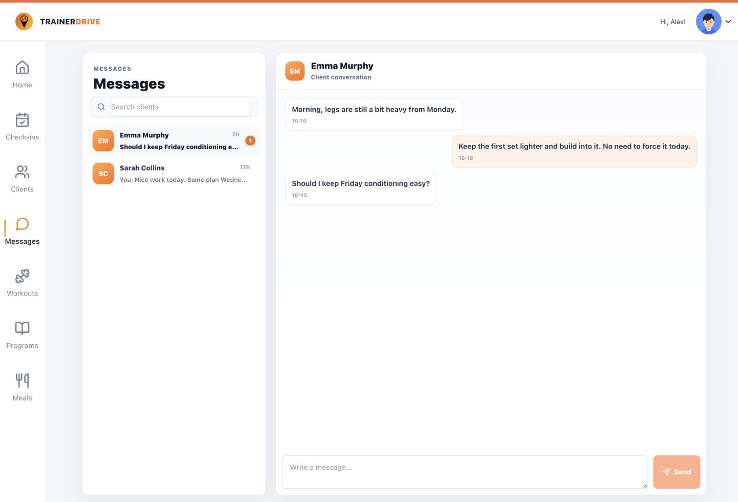 TrainerDrive messaging view showing a coach and client conversation.