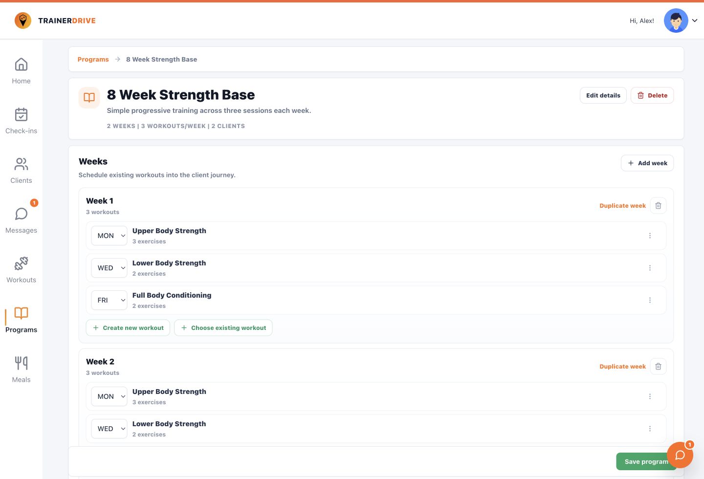 TrainerDrive program builder with ordered weeks and scheduled workouts.